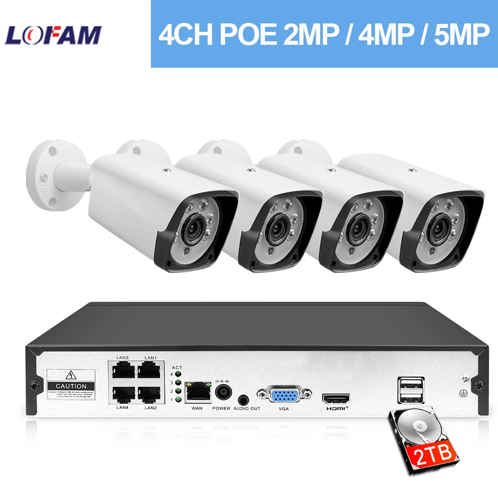 LOFAM 5MP 4MP 2MP POE NVR Система Видеонаблюдения 4CH Наружная Водонепроницаемая ИК-IP-Камера Ночного Видения POE Комплект Видеонаблюдения H.265