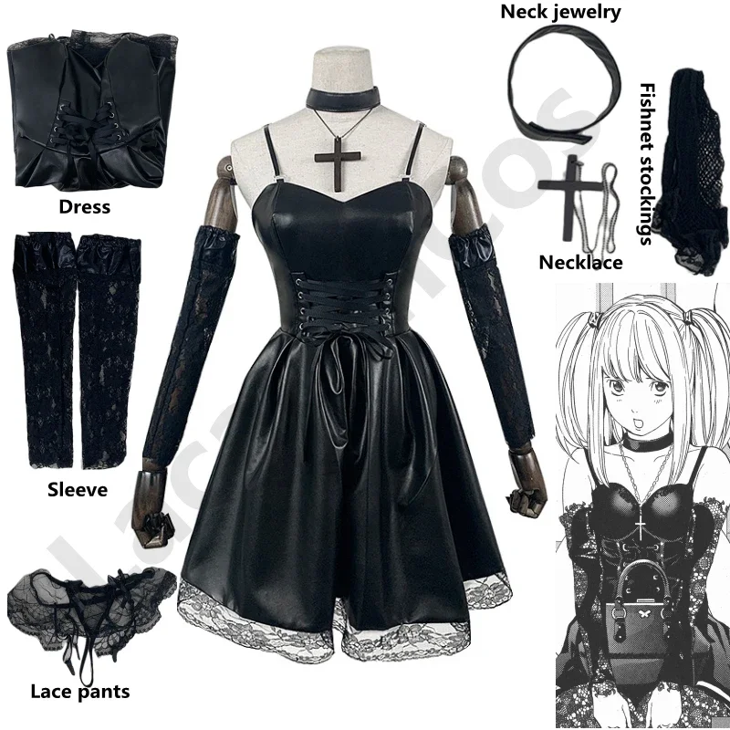 Death Note Косплей костюм Миса Амане из искусственной кожи Сексуальное платье украшения на шею чулки ожерелье Униформа Наряд Парик на Хэллоуин