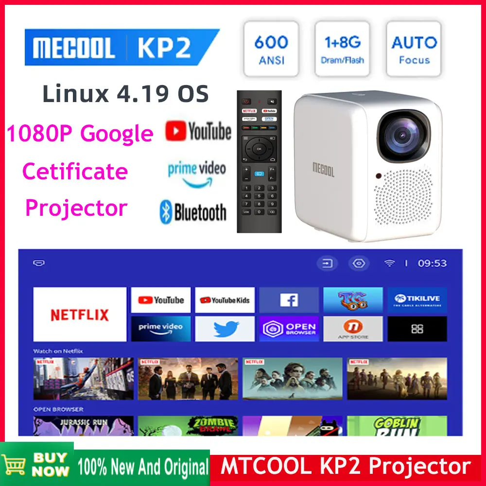 [Подлинный] Проектор для домашнего кинотеатра MECOOL KP2 1080P с ОС 1G + 8G Linxu 2.4G/ 5G WiFi, сертифицированный Netflix Dolby Audio Projector vs kp1