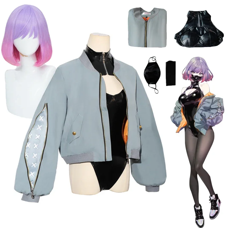 Костюмы для косплея Luna, сексуальное черное боди из искусственной кожи, пальто, повседневная одежда, костюм, фиолетовый градиентный парик, костюм на Хэллоуин для женщин