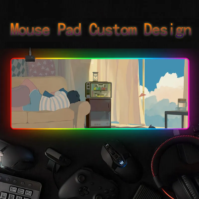 Коврик для мыши с рисунком аниме, персонализированный коврик для мыши со светящимся пейзажем RGB, индивидуальный настольный коврик своими руками