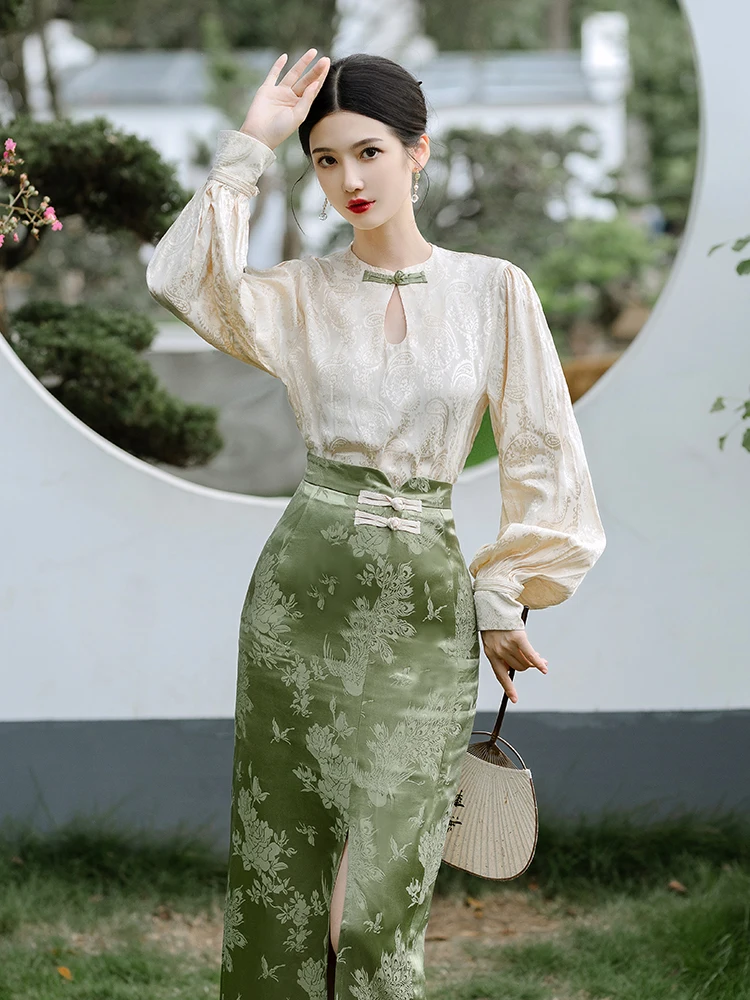 Женская новая рубашка в китайском стиле с дисковыми пуговицами в стиле ретро, женский жаккардовый топ с длинным рукавом + французская облегающая юбка, комплект из двух предметов