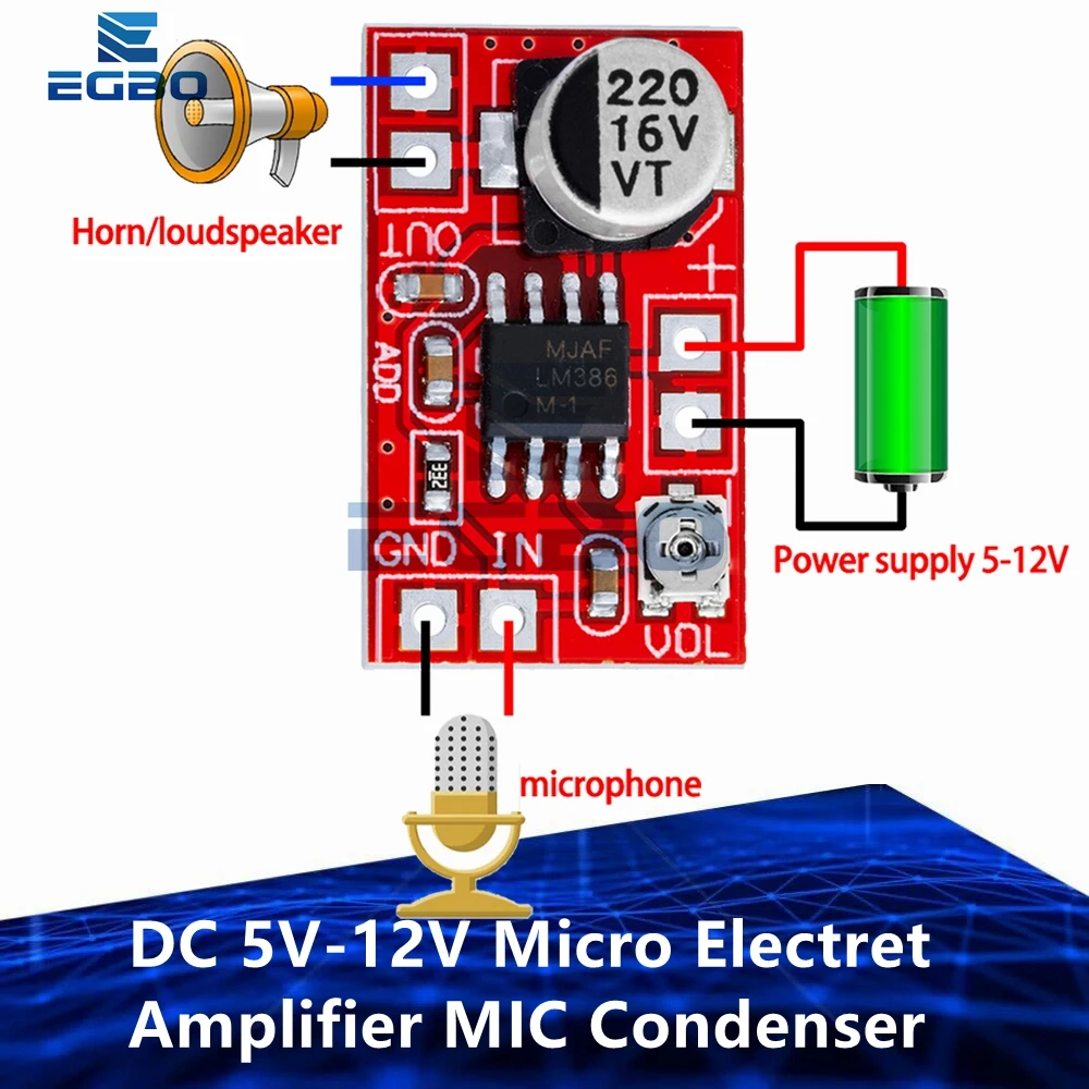 Микроэлектретный усилитель постоянного тока 5 В-12 В, конденсаторный микрофон, плата усилителя мини-микрофона
