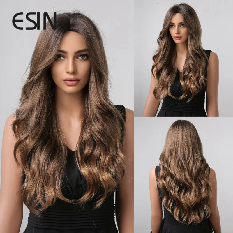 ESIN Синтетические волосы с длинной водной волной, омбре, смешанные коричневые парики средней части для женщин, натуральные вечерние Термостойкие