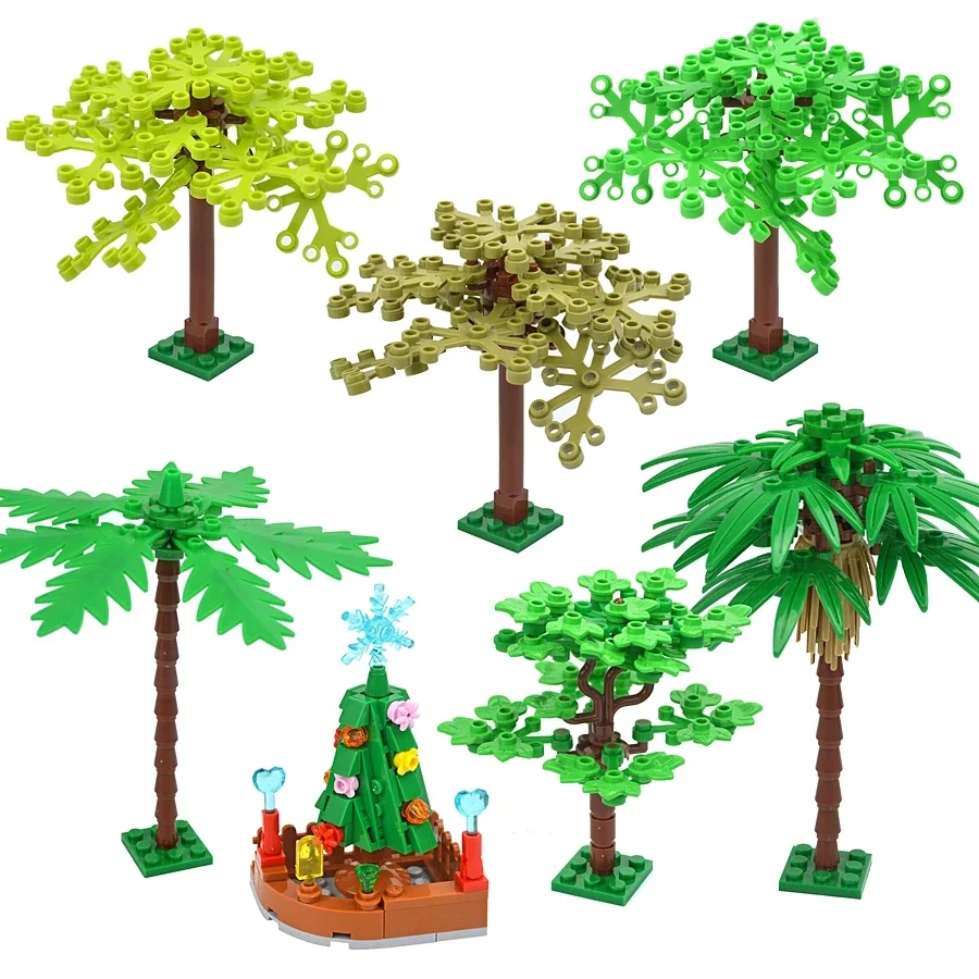 Дерево из кирпича MOC, поделки из лесных частей, ствол пальмы, лист сосны, развивающие строительные блоки, фигурки, детская игрушка, Рождественская елка с тарелкой