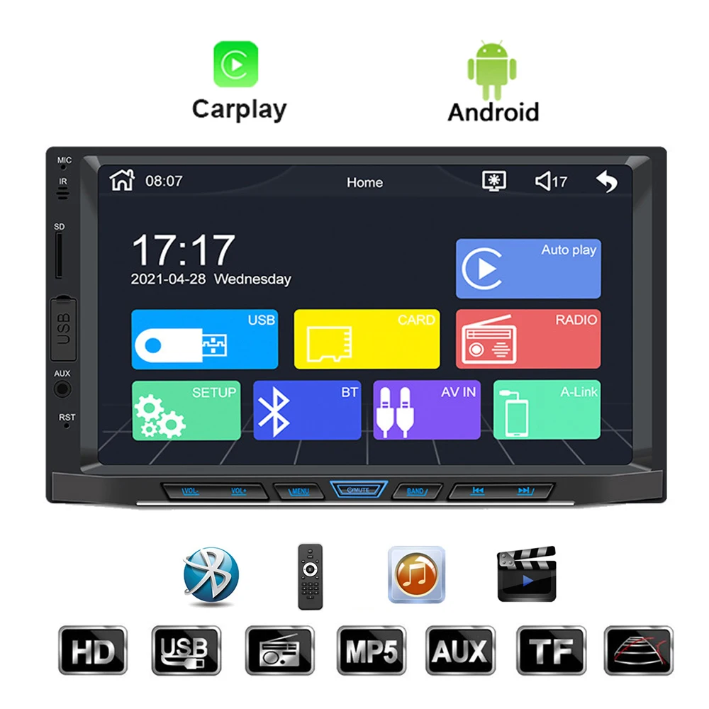 7 цветов подсветки, встроенная GPS-навигация, автоаксессуары, автомобильный MP5-плеер для Carplay Android Audio Radio, 7-дюймовый HD-экран BT 5.0