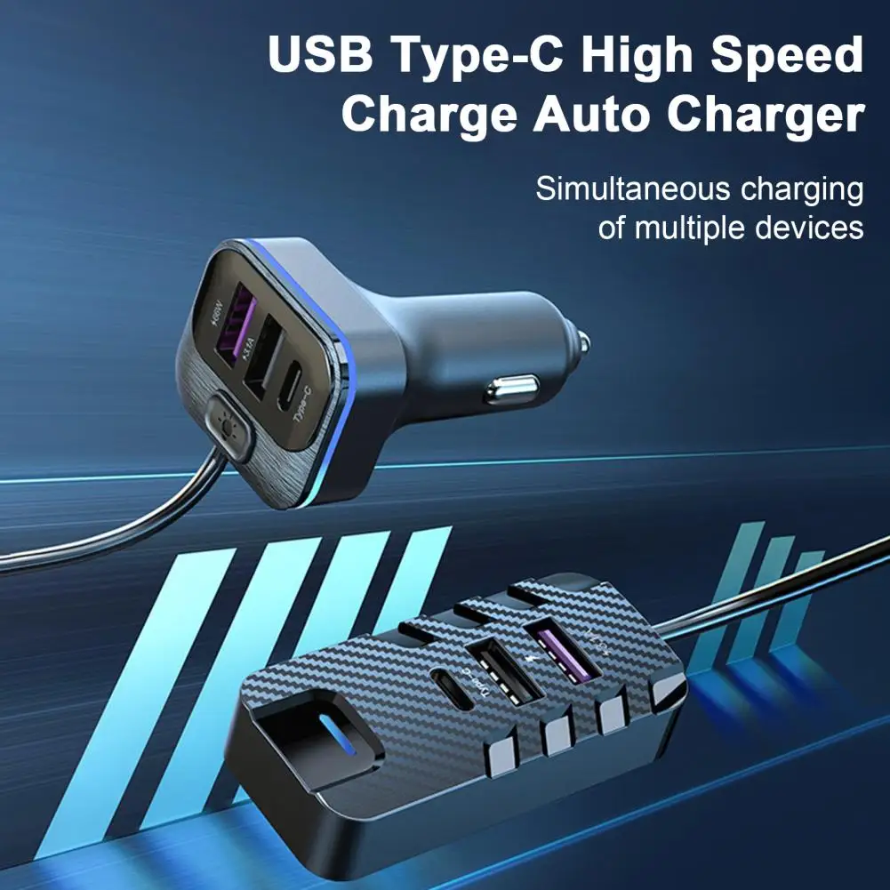 Автомобильное Зарядное Устройство 6 Портов 5V 3.1A 66 Вт Красочный Свет Переднего Заднего Сиденья Кабель Длиной 1,5 м Универсальный USB Type-C Для Быстрой Зарядки Автомобильных Принадлежностей