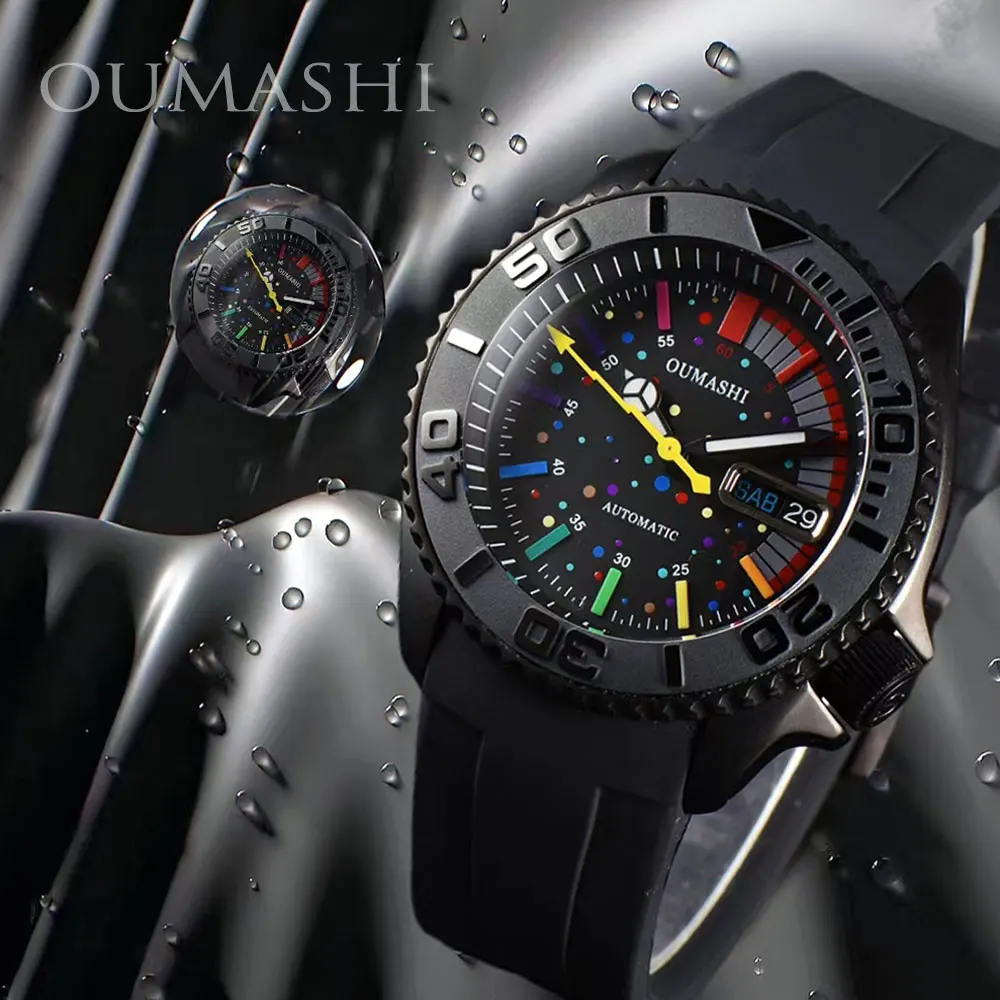 Новые роскошные мужские часы OUMASHI 007 с полностью автоматическим механизмом NH36, водонепроницаемый корпус из нержавеющей стали, черный циферблат с радужным покрытием