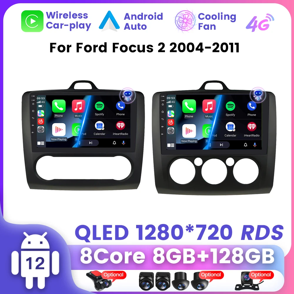 Автомагнитола для Ford Focus 2 3 Exi MT AT Mk2 Mk3 2004-2011 (черный) Android 12 QLED DSP RDS GPS Навигационный Мультимедийный плеер BT5.0