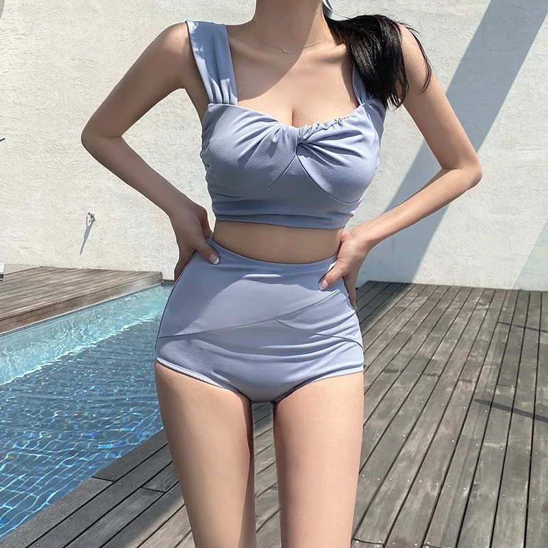 Женские комплекты бикини, Однотонный Летний купальник с высокой талией 2023, женские сексуальные купальники, купальный костюм из 2 предметов, пляжная одежда для плавания