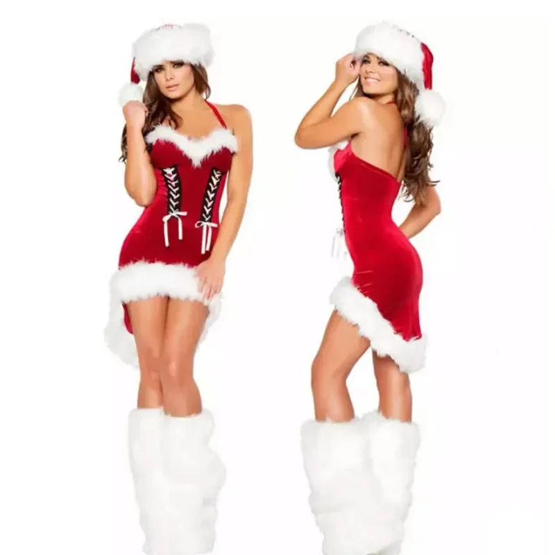 Плюс Размер Новогодний Рождественский Костюм для женщин, Красное Сексуальное платье, Модная Шляпа для Косплея для взрослых Женщин