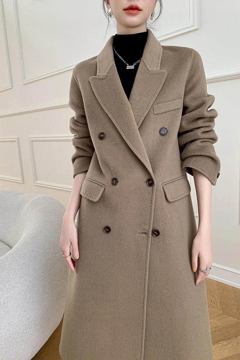 2023 Новое двустороннее женское кашемировое пальто средней длины повседневного силуэта, свободное шерстяное пальто в стиле Хепберн для женщин