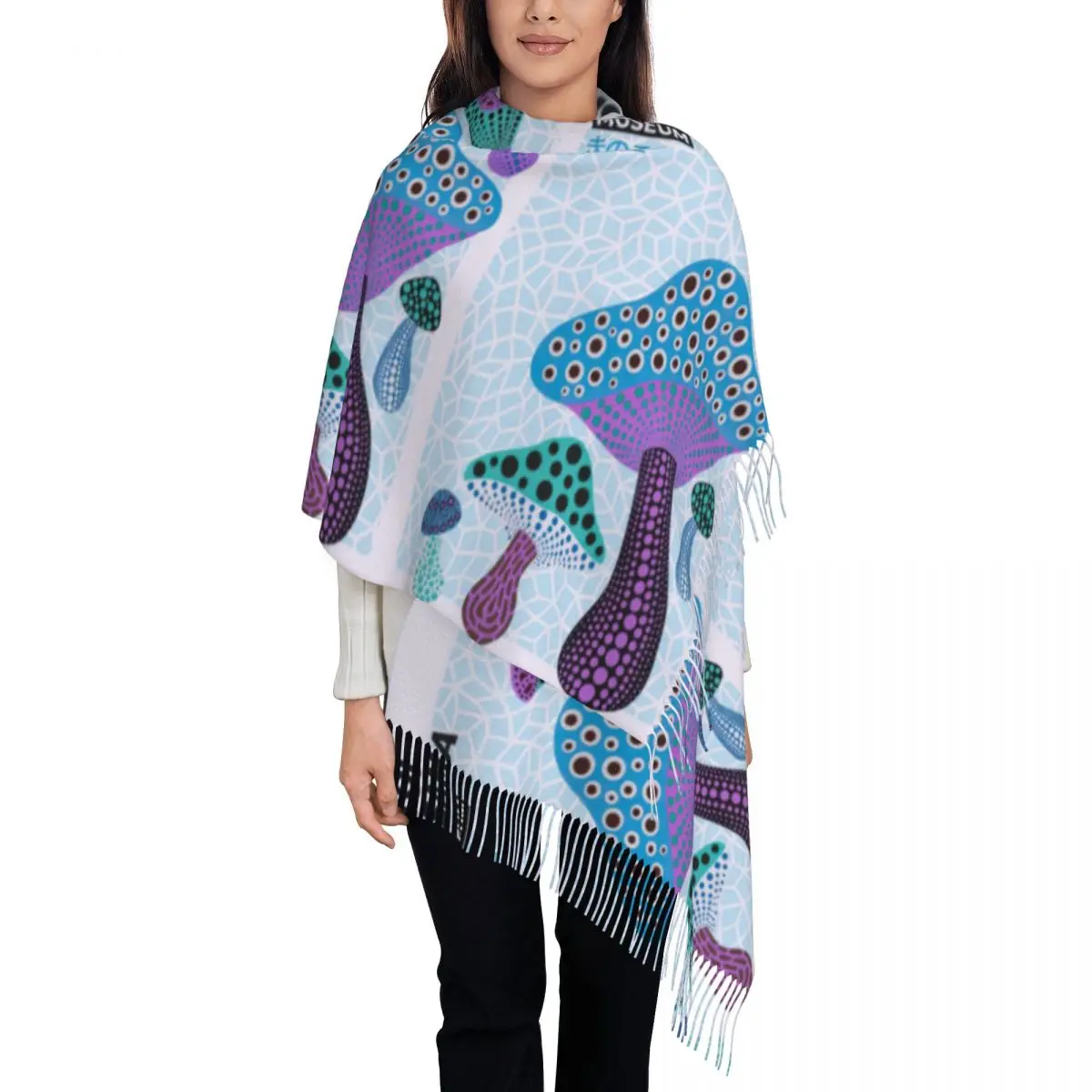 Женская художественная шаль Yayoi Kusama, теплый большой длинный шарф, шарфы с кисточками из пашмины в горошек, музей грибов,