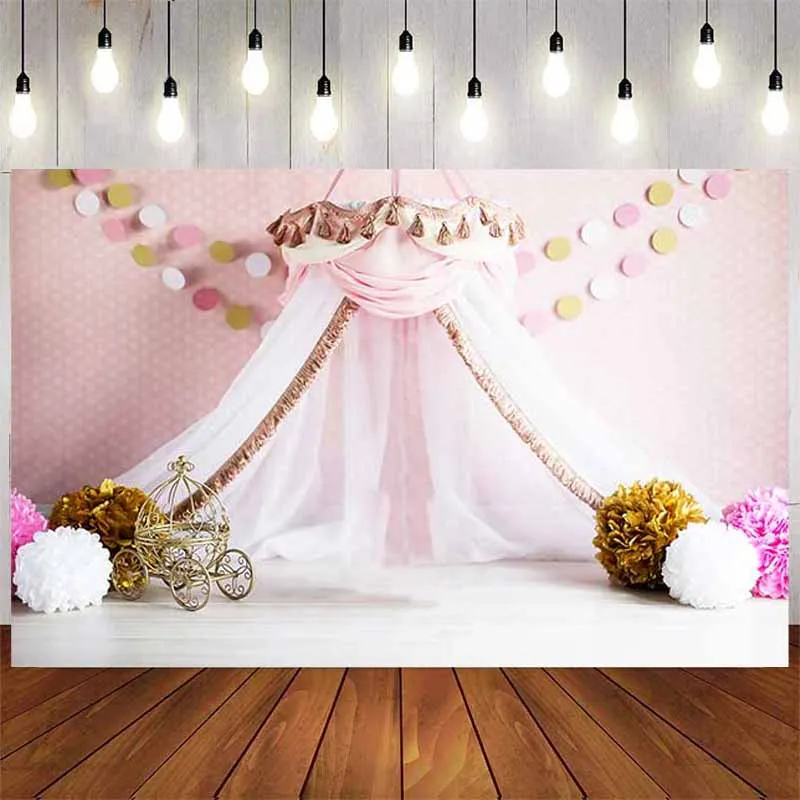 Фон для фотосъемки Вечеринки по случаю Дня рождения девочки, Раздавливающий торт, Декор для коляски с розовой палаткой, Виниловый Реквизит