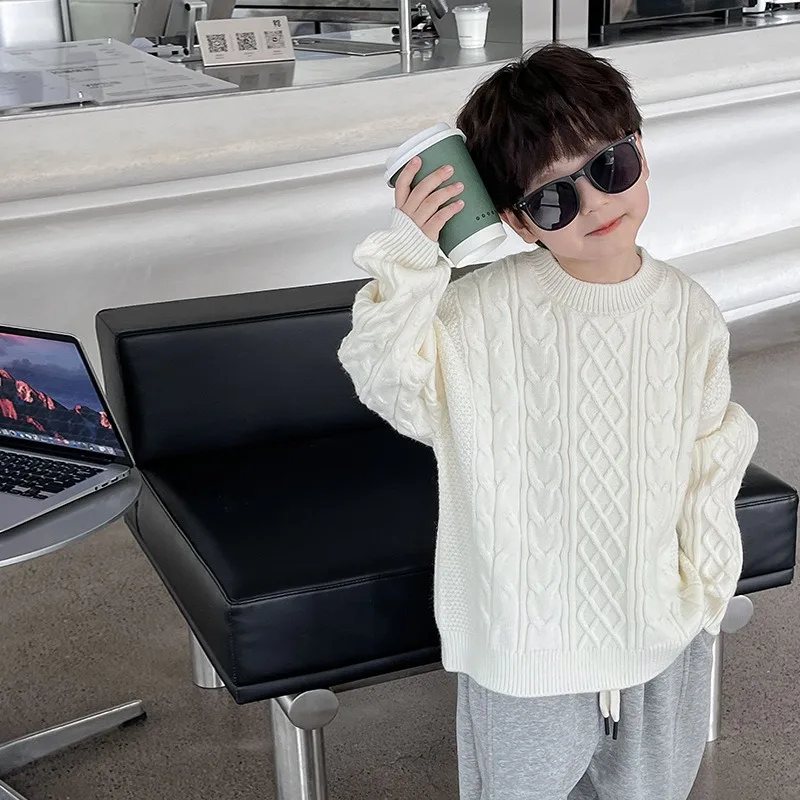 Детский свитер 2023, Новинка зимы, модный однотонный повседневный трикотаж в корейском стиле, повседневный простой свитер с круглым вырезом для мальчиков
