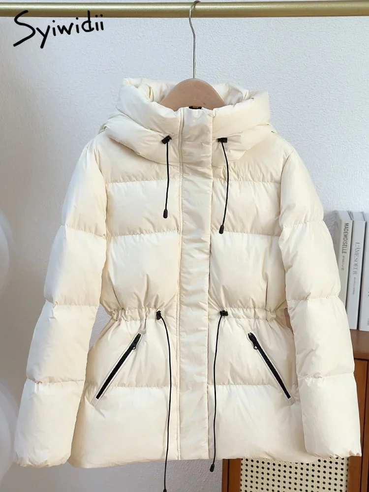 Syiwidii 90 Белая куртка на утином пуху, женская осенне-зимняя новинка, тонкие пальто с капюшоном, теплая короткая пуховка на молнии с длинным рукавом